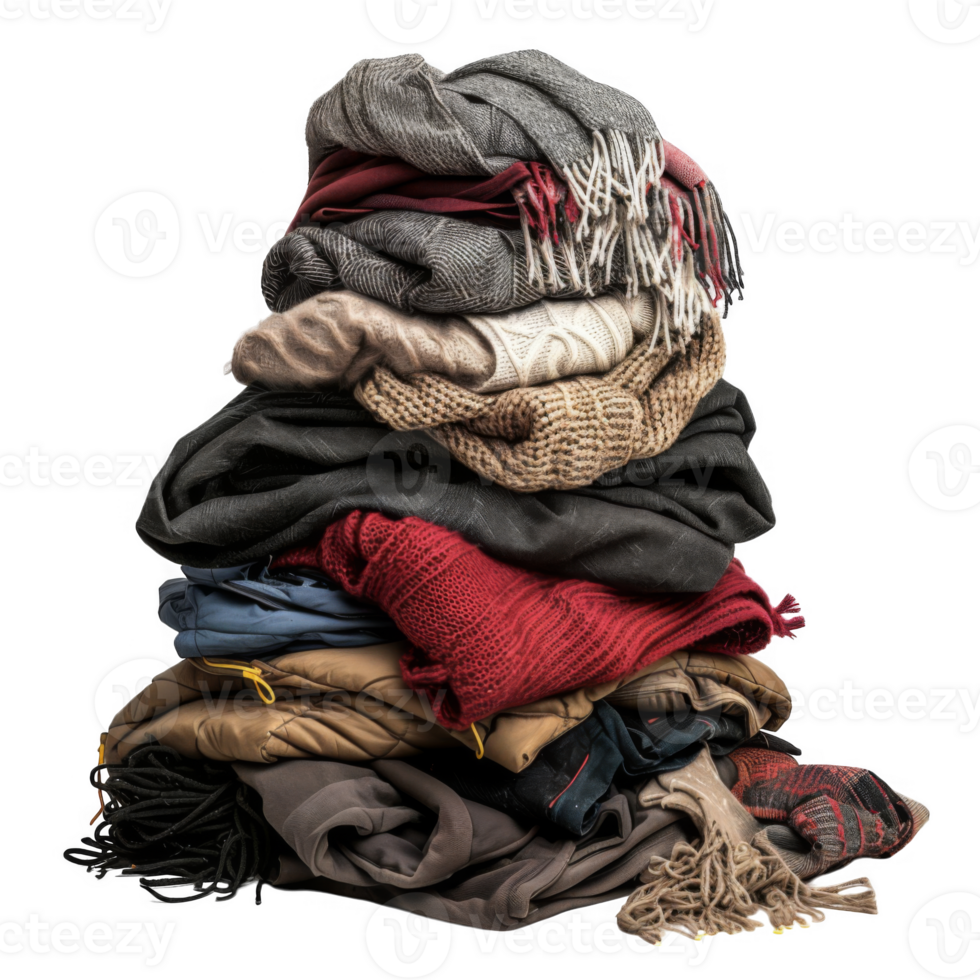 Stack of Various Winter Clothing Items on a Black Background png