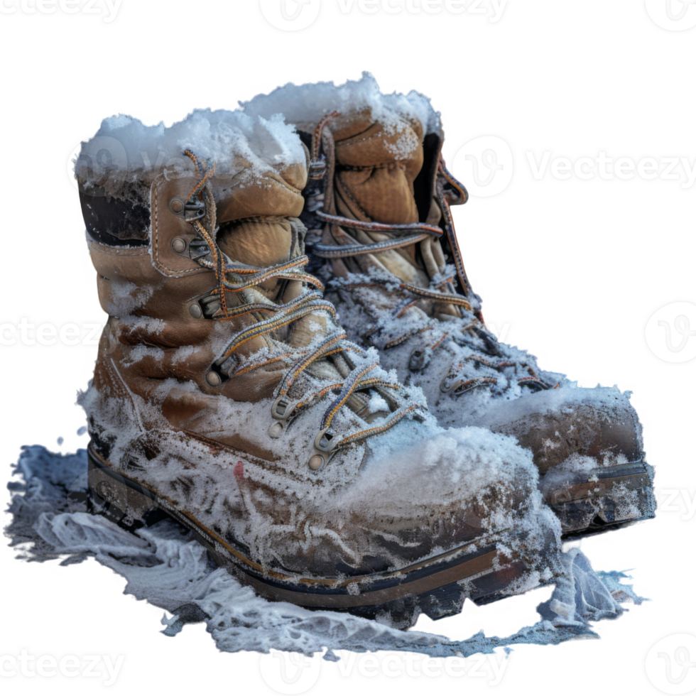 Snow-covered brown leather hiking boots png