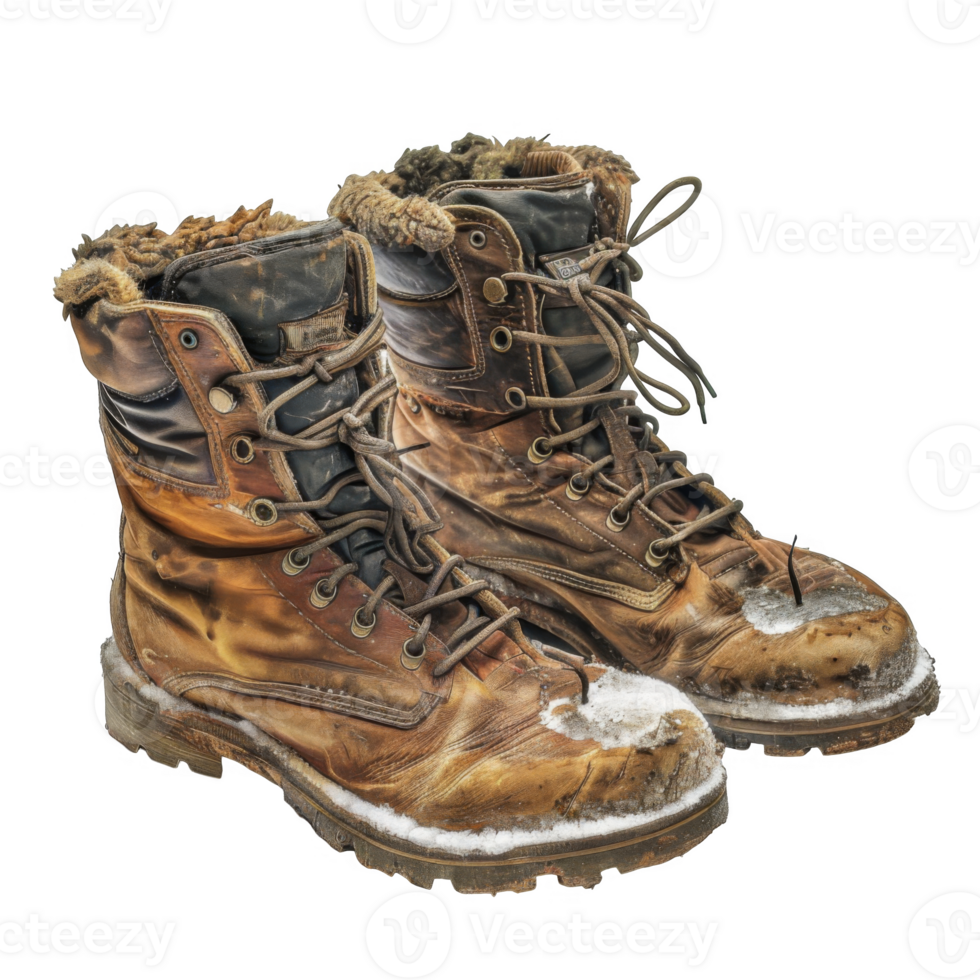 Worn Brown Leather Boots with Snow and Fur png
