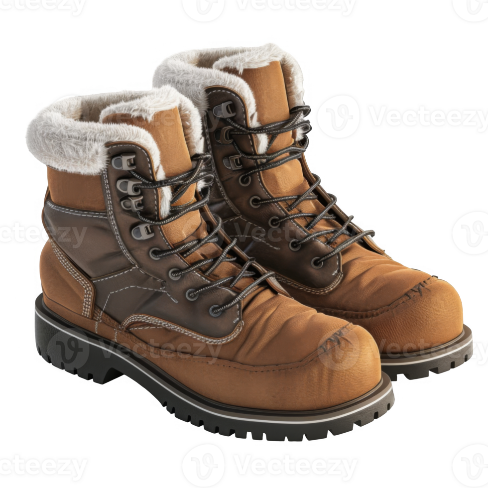 Pair of brown leather boots with fur lining and laces png