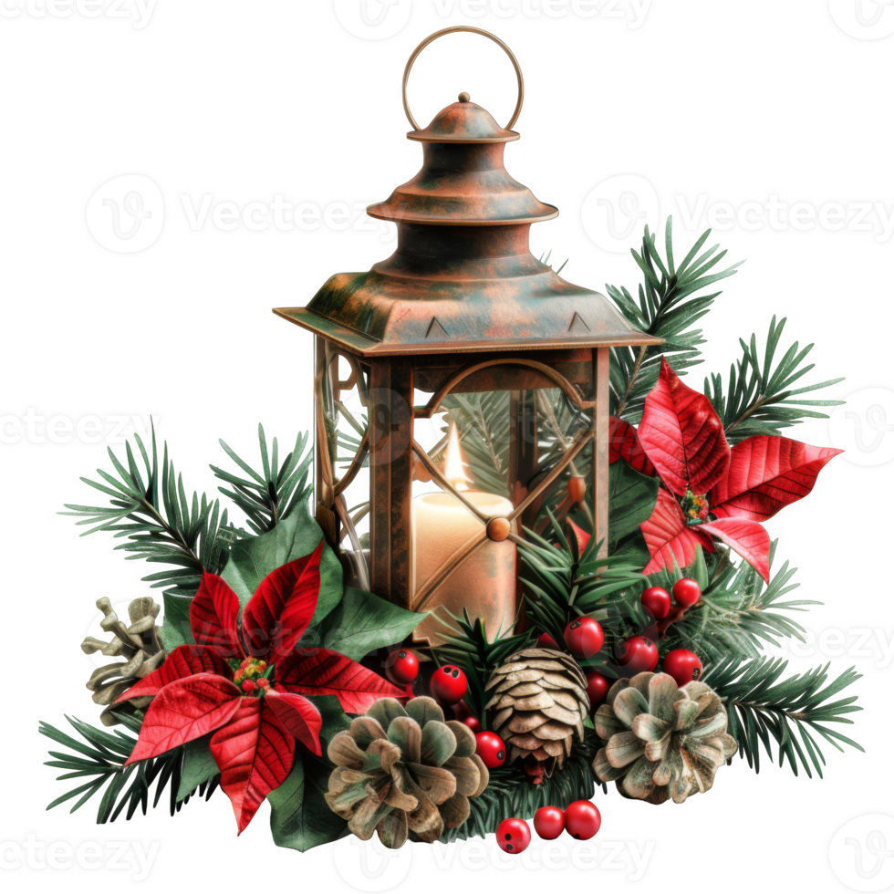Christmas Lantern with Poinsettia, Pine, and Berries png