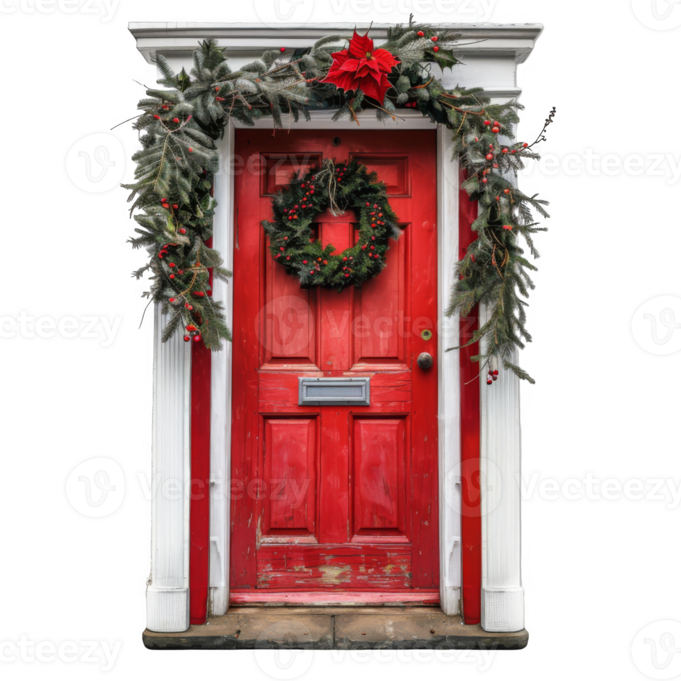 Red Door Decorated with Christmas Wreath and Garland png