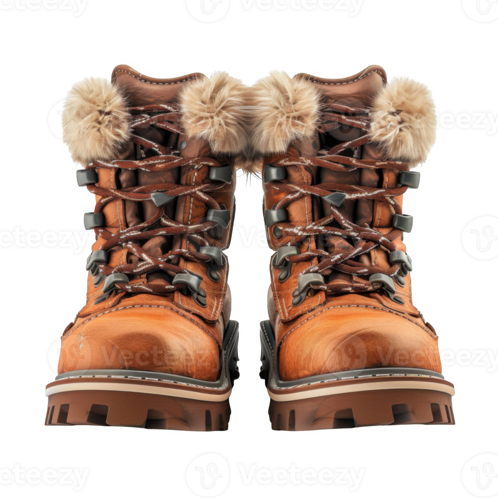 Brown Leather Boots with Fur Trim and Laces png
