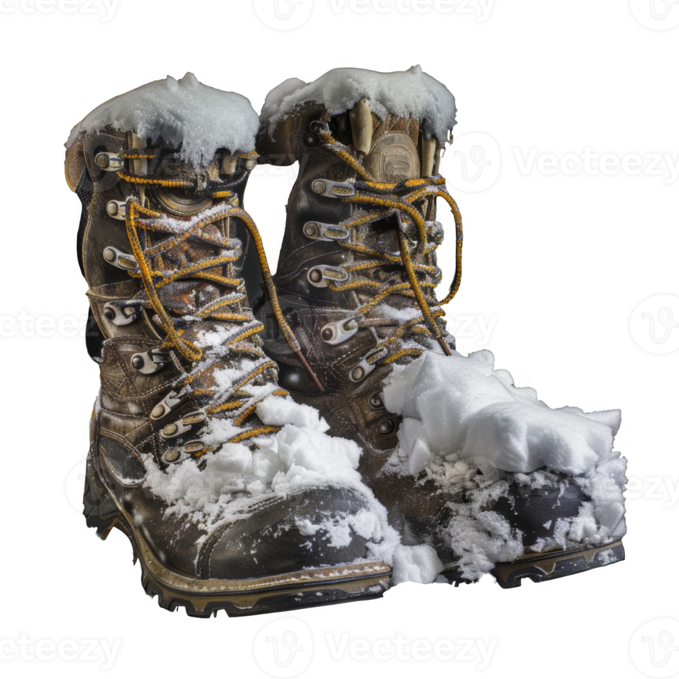 A Pair of Brown Leather Boots Covered in Snow png
