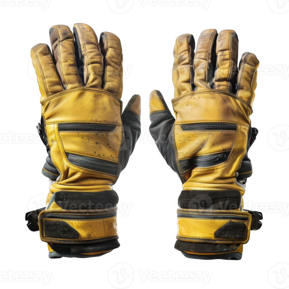 Pair of Worn Yellow Leather Winter Gloves with Black Accents png