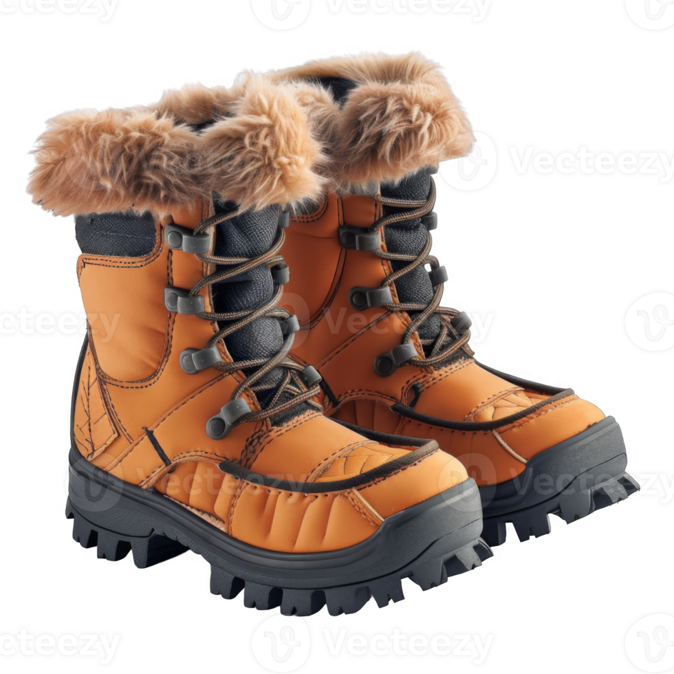 Pair of Brown Winter Boots with Fur Trim and Laces png