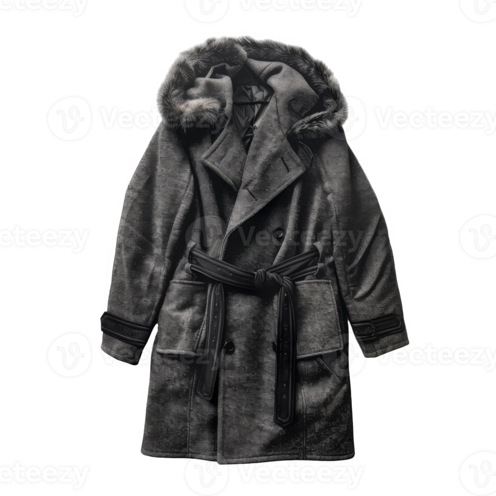 Gray Double-Breasted Coat with Fur Hood and Black Belt png