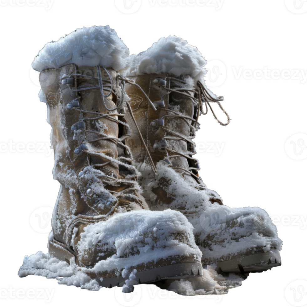 Snow-Covered Hiking Boots in a Winter Scene png