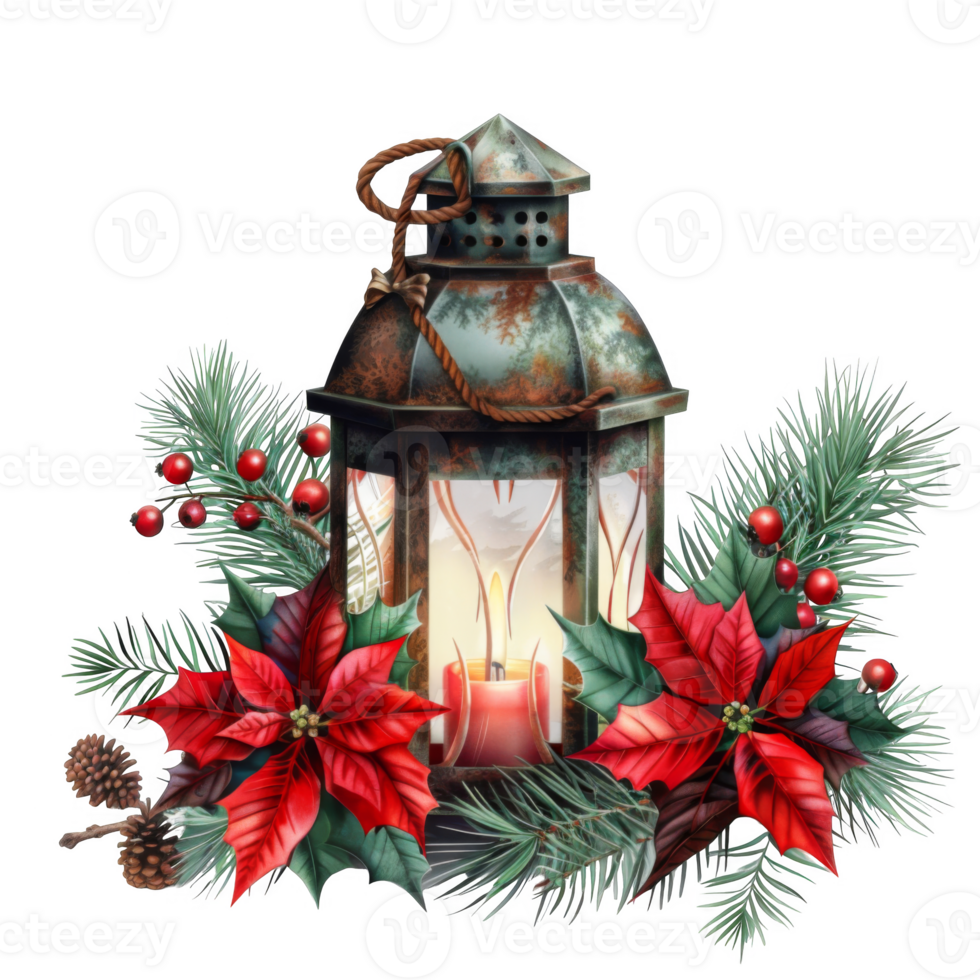 Festive Christmas Lantern with Poinsettia and Evergreen png