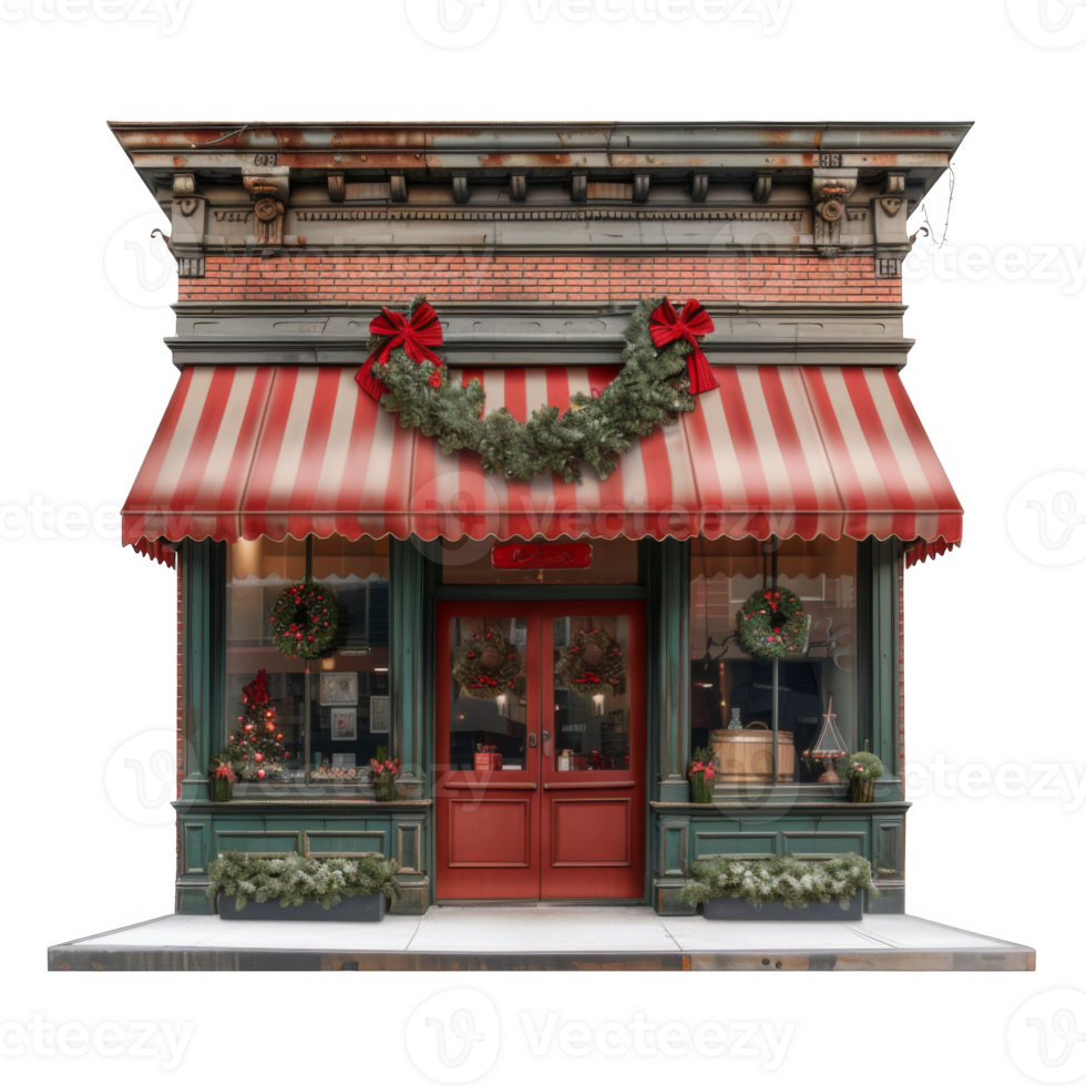 Festive Storefront with Red Awning and Christmas Decorations png