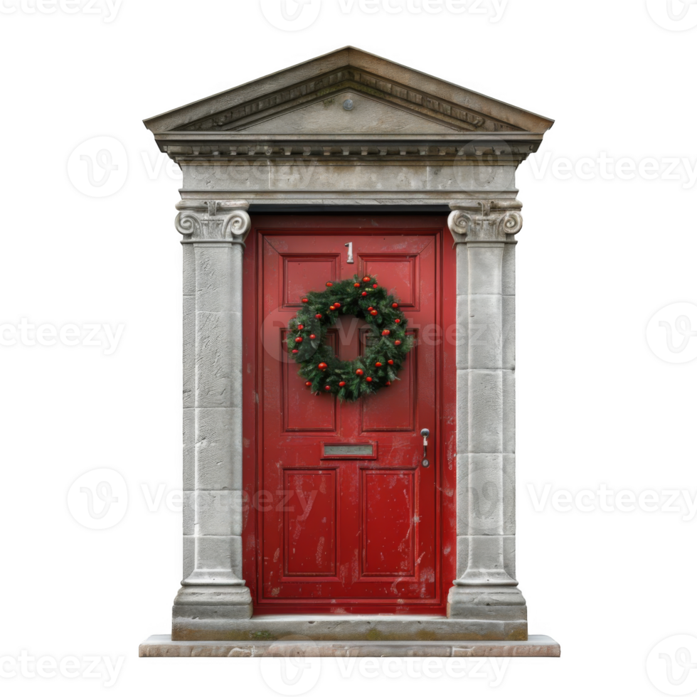 Red Door with Stone Frame and Christmas Wreath png