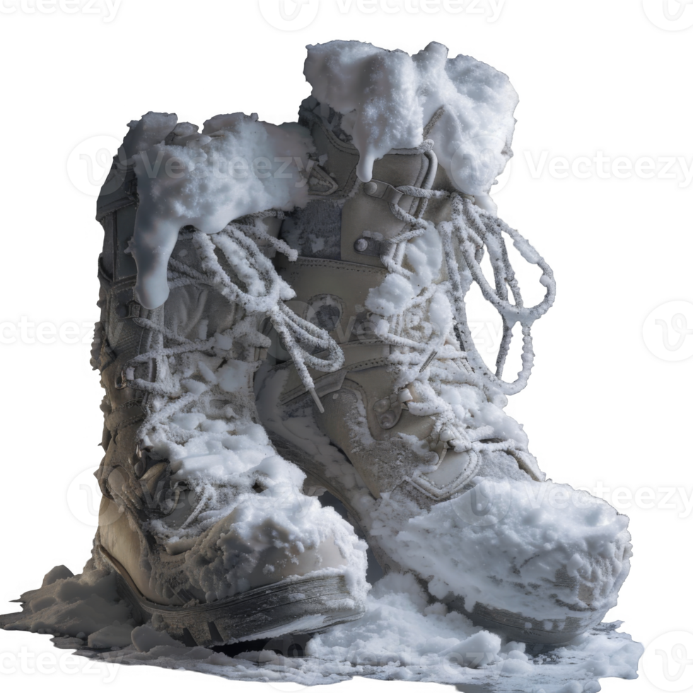 Snow-Covered Hiking Boots Resting in a Pile of Snow png