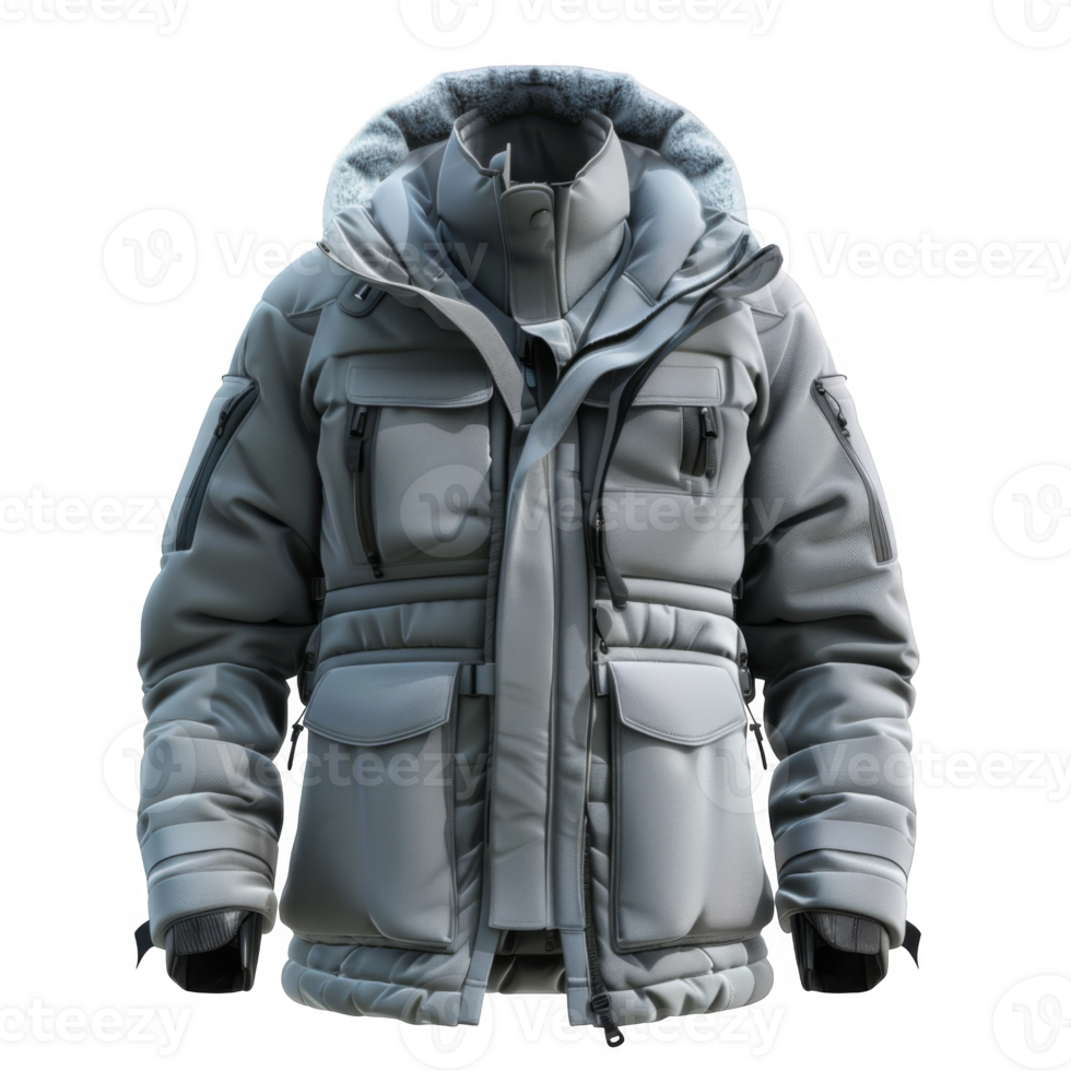Grey Winter Parka with Fur Hood and Multiple Pockets png