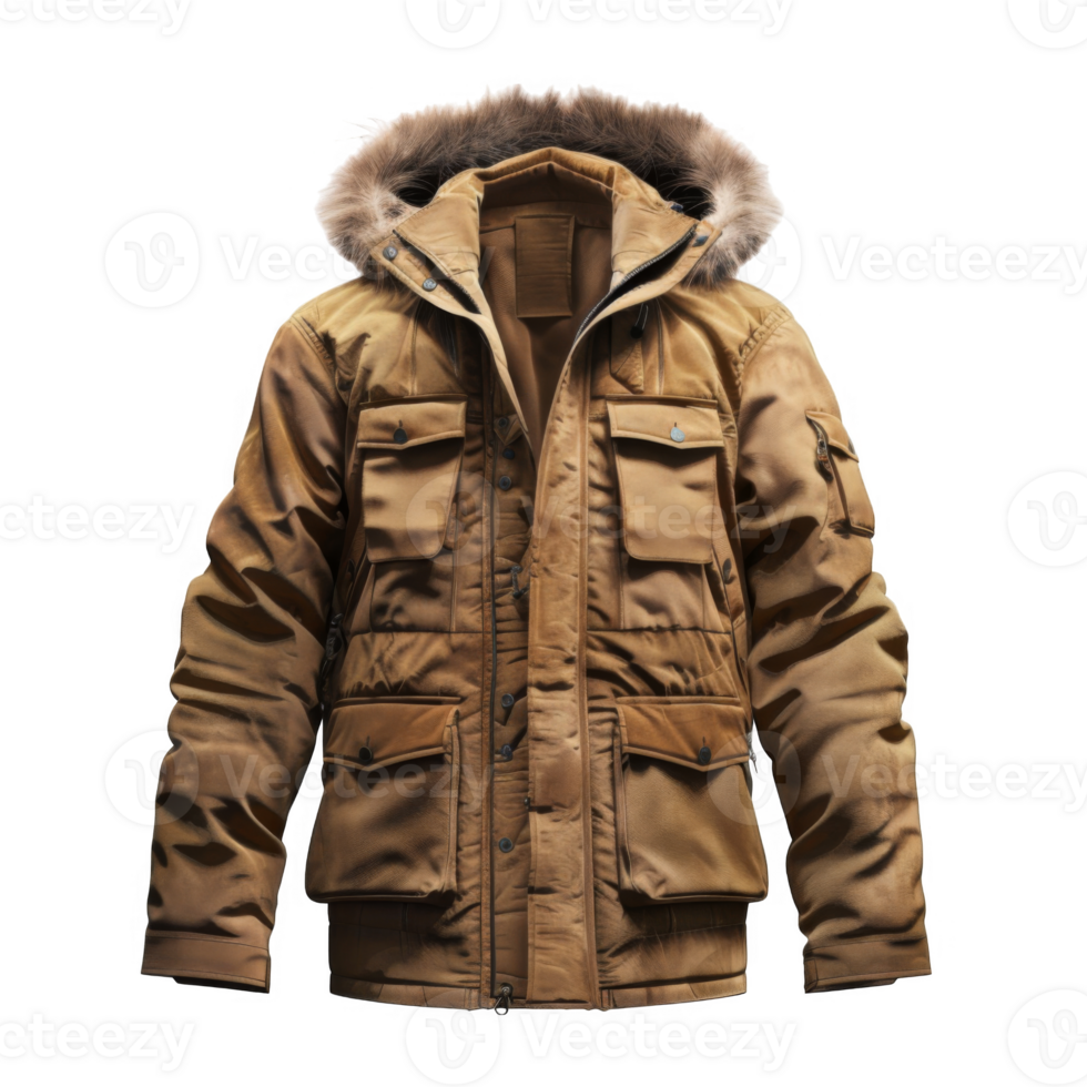 Brown Winter Jacket with Fur-Lined Hood and Multiple Pockets png