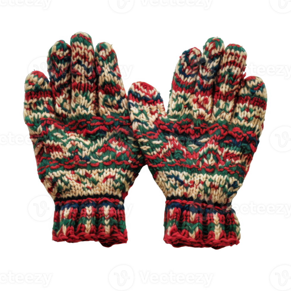 Pair of Colorful Knitted Gloves with a Geometric Pattern png