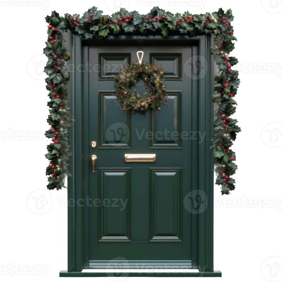 A Green Door Adorned with Christmas Garland and Wreath png
