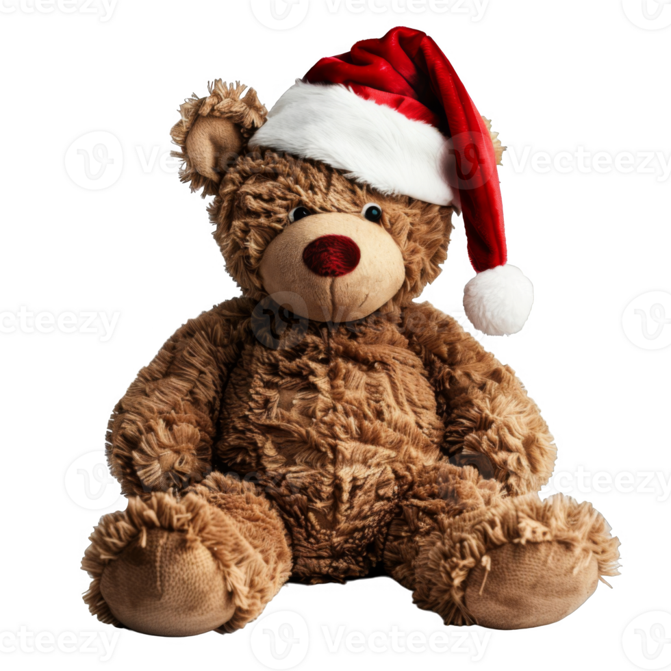 Plush brown teddy bear wearing a red Santa hat png