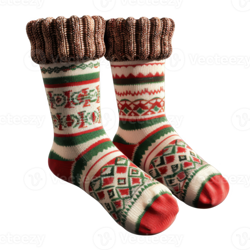 Pair of Red, Green, and White Knitted Socks with Folded Brown Tops png