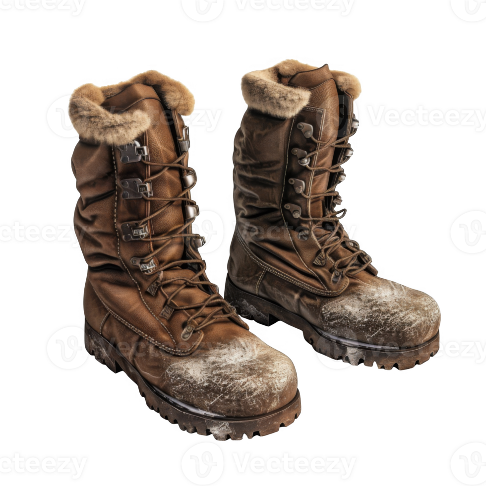 Worn Brown Leather Boots with Fur Trim png