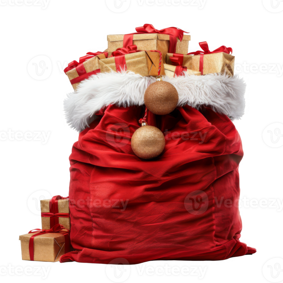 Santa's Red Bag Filled with Wrapped Gold Gifts and Ornaments png
