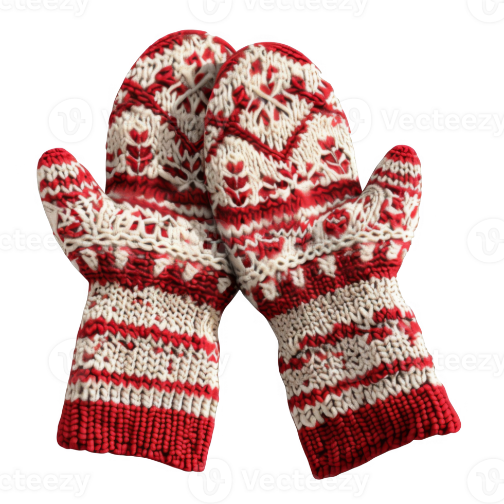 Pair of Red and White Knitted Mittens with a Pattern png