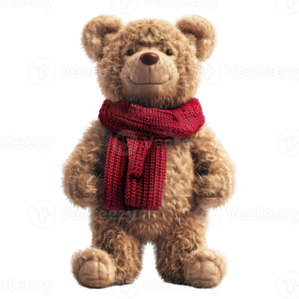 A Plush Brown Bear Wearing a Red Knit Scarf png