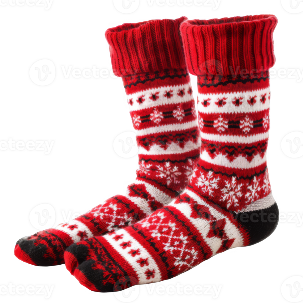 Pair of Red and White Knitted Socks with Snowflake Pattern png