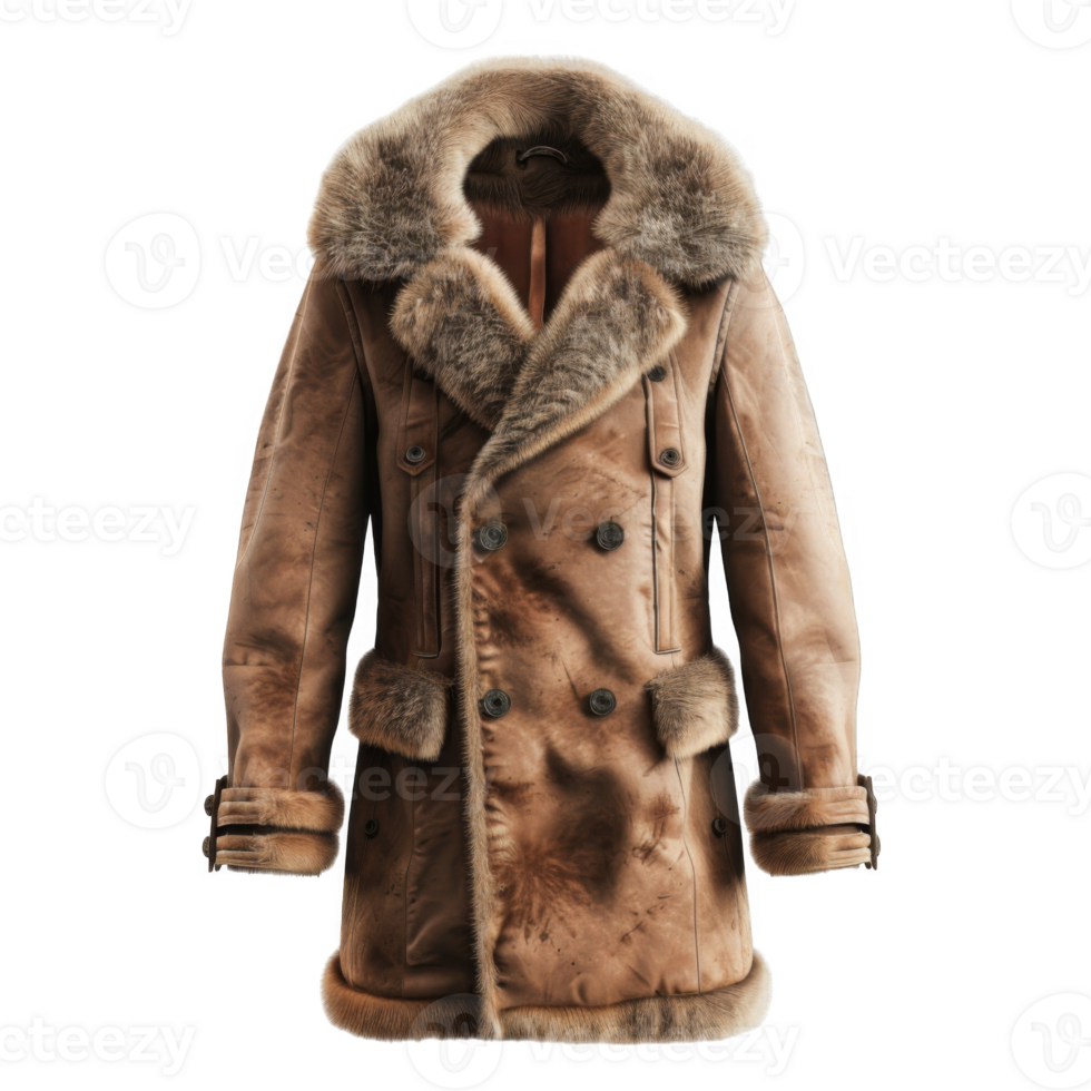 Brown Leather and Fur Coat with Double-Breasted Closure png