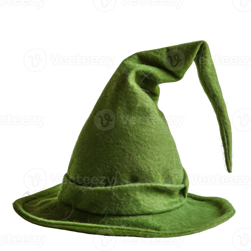 Green felt witch hat with a pointed crown and brim png
