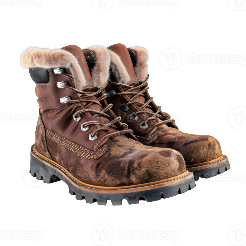 Worn Brown Leather Boots with Fur Trim png