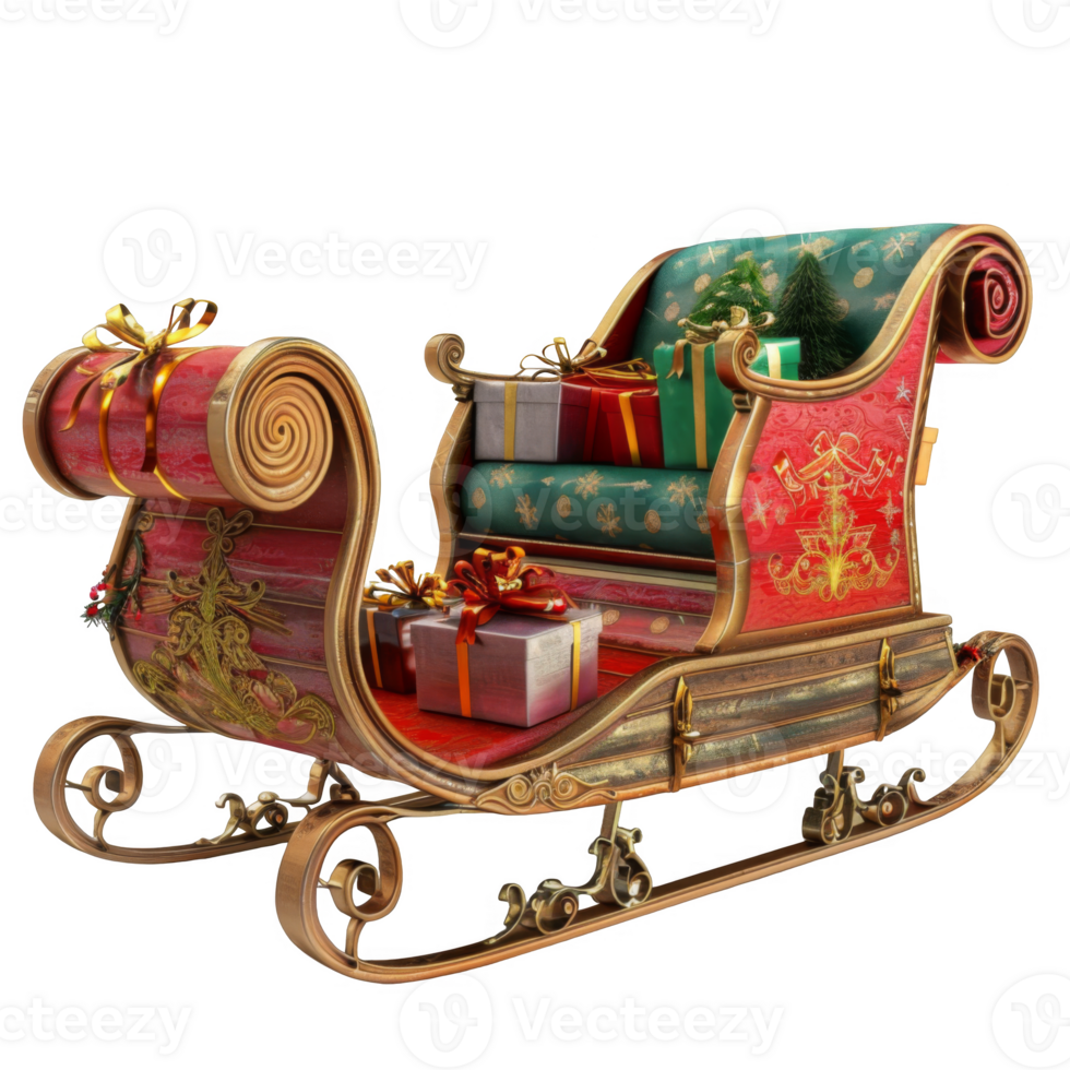 Ornate Christmas Sleigh Filled with Presents and a Tiny Tree png