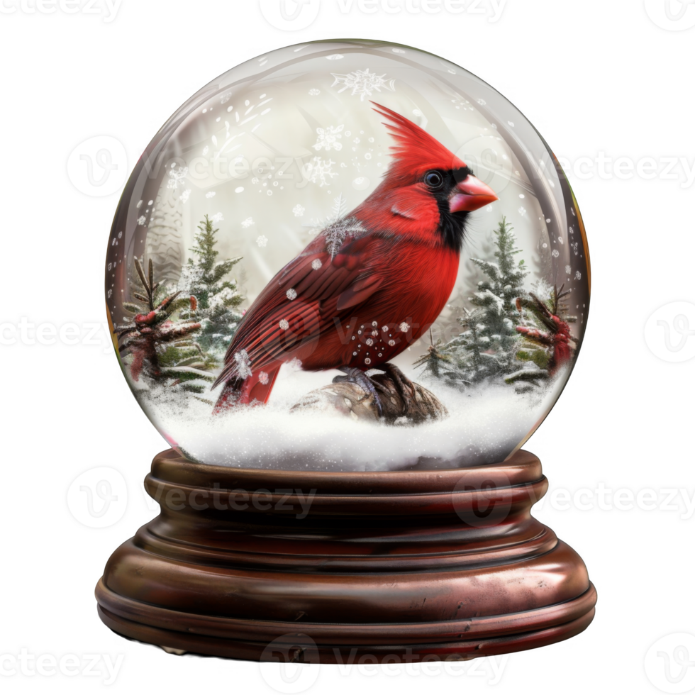 A Cardinal Inside A Snow Globe With Snowflakes And Tiny Pine Trees png
