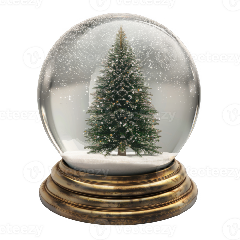 A Christmas tree encased in a snow globe with a gold base png