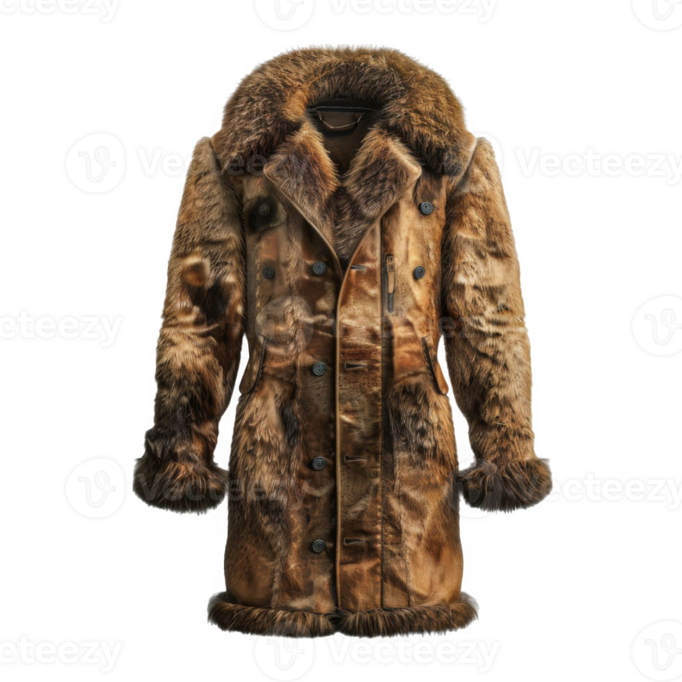 Brown Fur Coat with Large Collar and Button Closure png