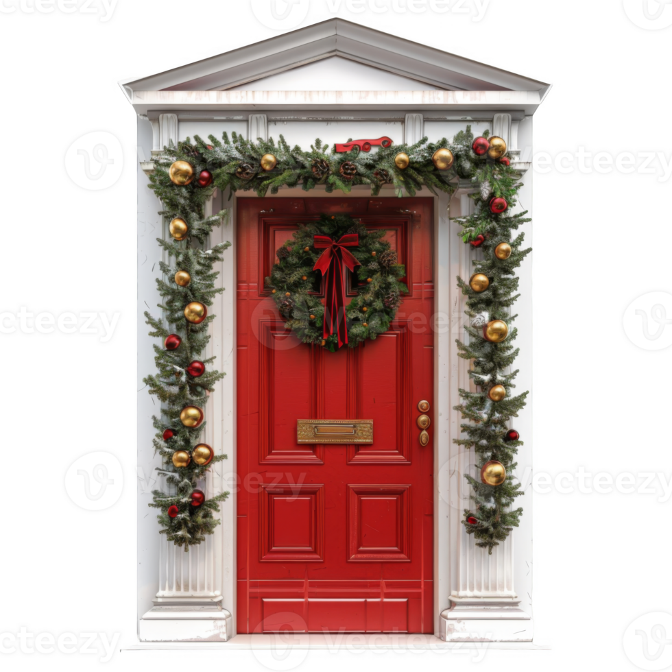Red Door Decorated with Christmas Wreath and Garland png