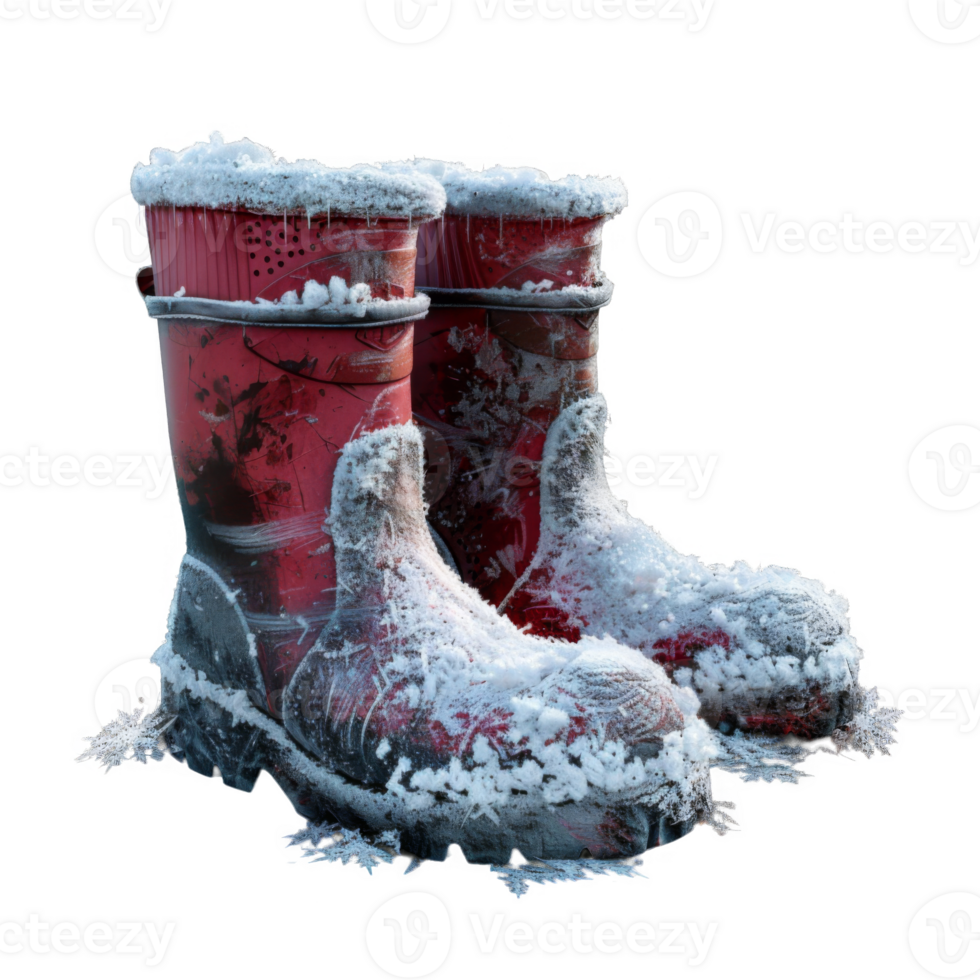 Red rubber boots covered in frost and snow png