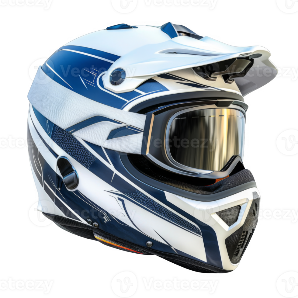 White and Blue Motorcycle Helmet with Goggles png