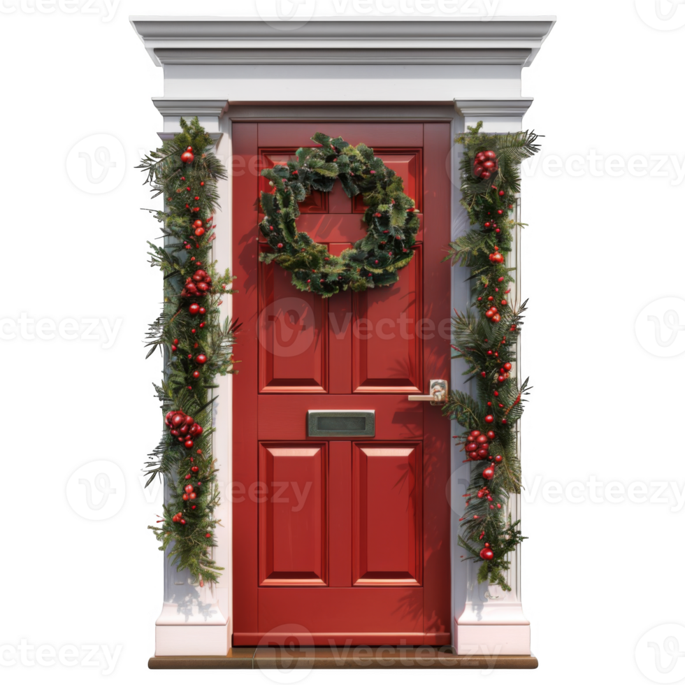 Festive Red Door Decorated with Christmas Wreath and Garland png