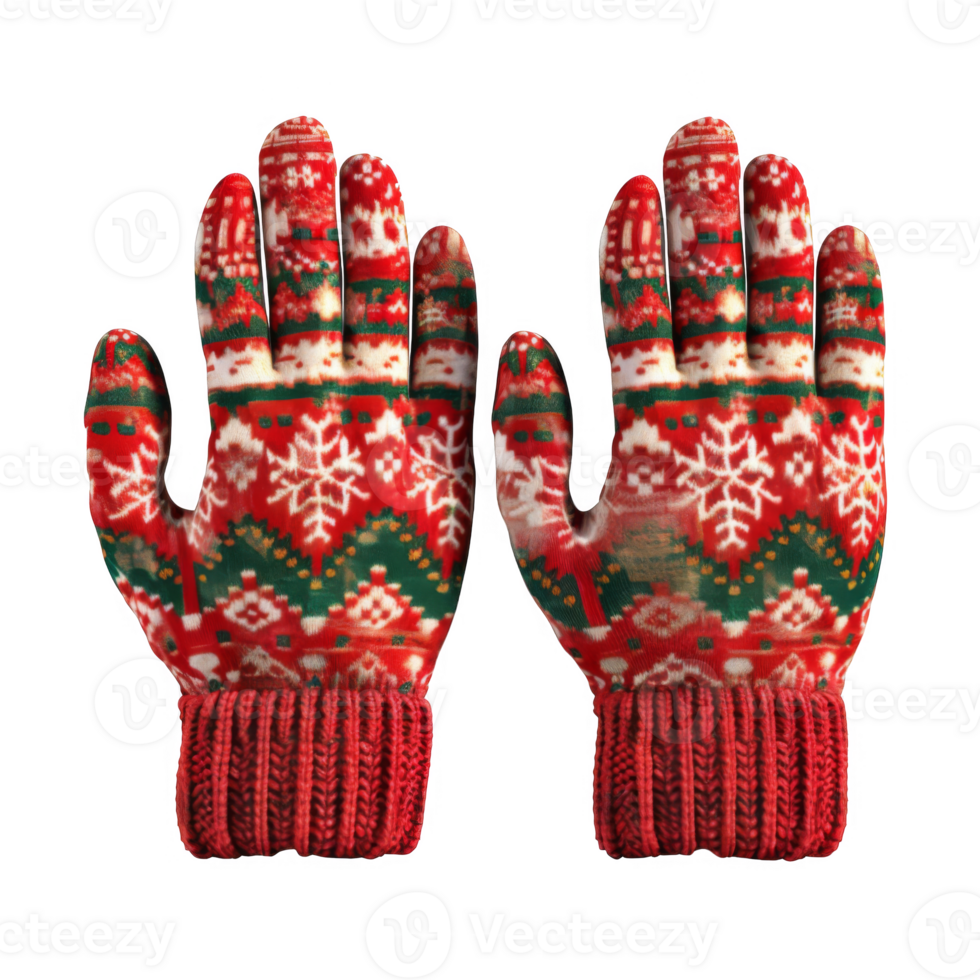 Pair of Red and Green Knitted Gloves with Snowflake Pattern png