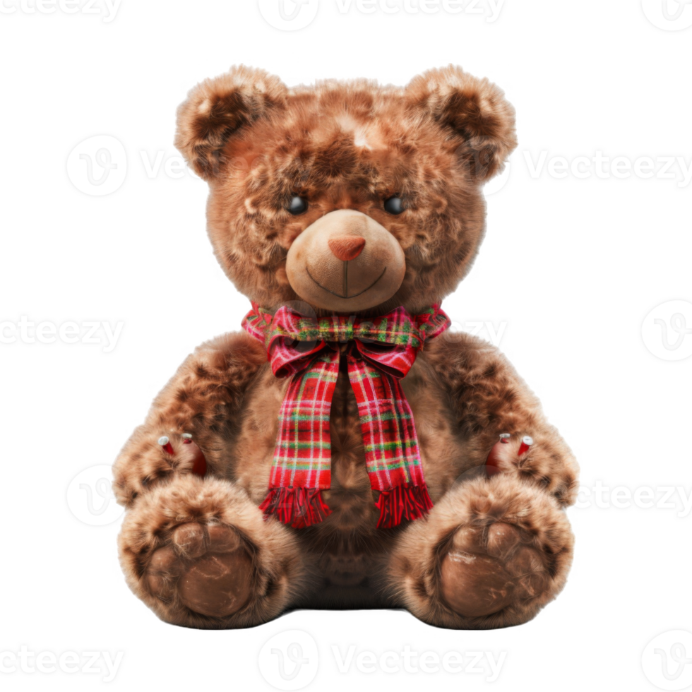 A Plush Brown Teddy Bear Wearing a Red and Green Plaid Scarf png