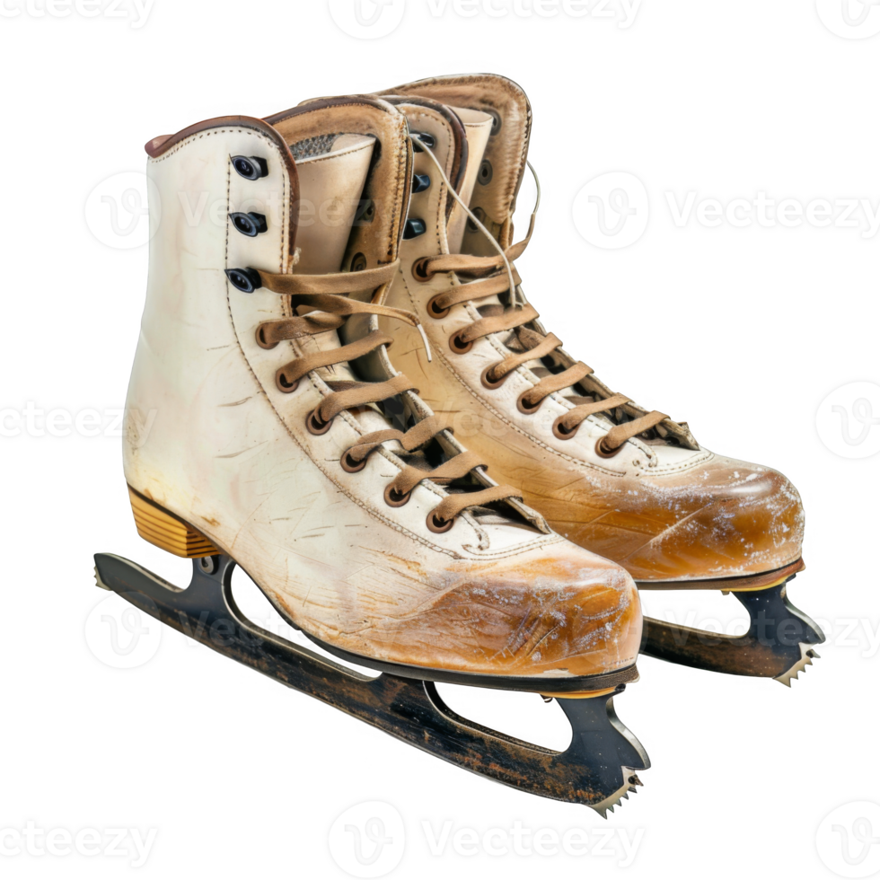 A Pair of Worn White Ice Skates with Brown Laces png