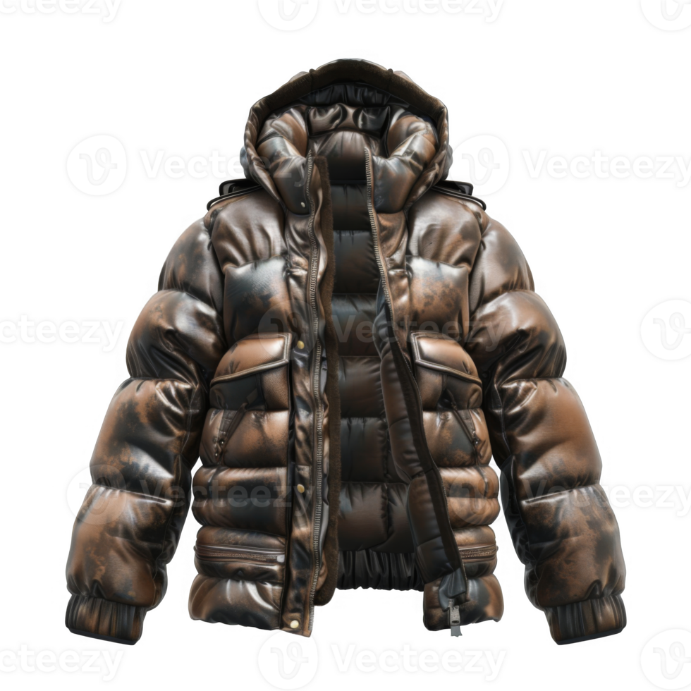 Brown Leather Puffer Jacket with Hood and Zipper Closure png