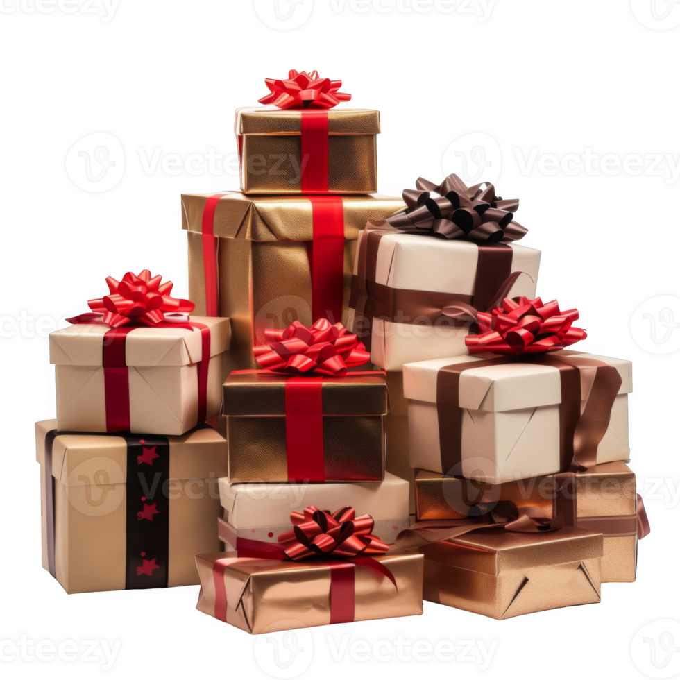 A Pile of Wrapped Gifts with Red and Brown Ribbons png