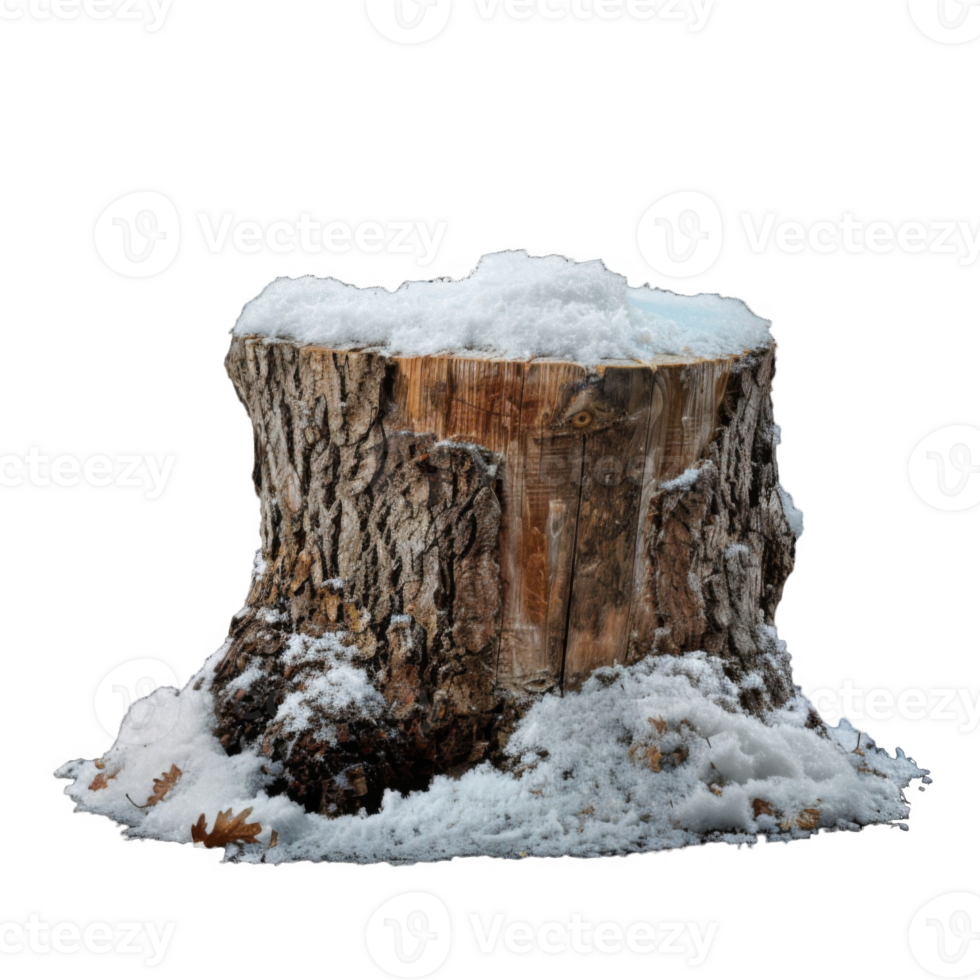 Snow-Covered Tree Stump with Fallen Leaves png