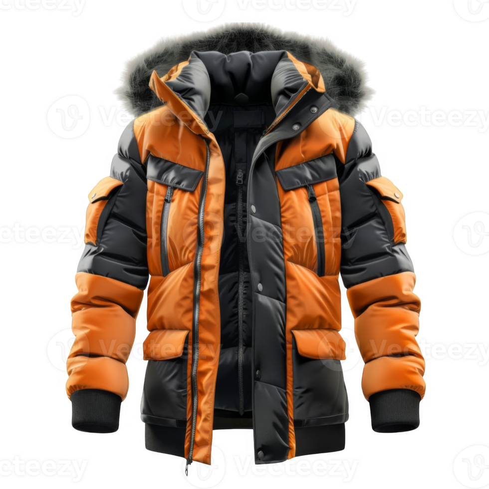 Orange and Black Puffer Jacket with Fur Hood png