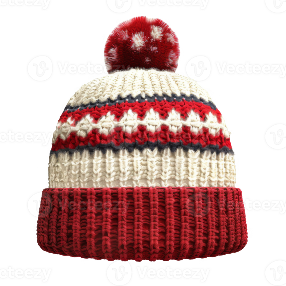 Red and White Knit Winter Hat with Pom Pom png