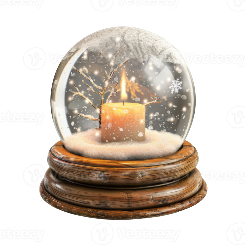 A Snow Globe With A Burning Candle and a Small Winter Tree Inside png
