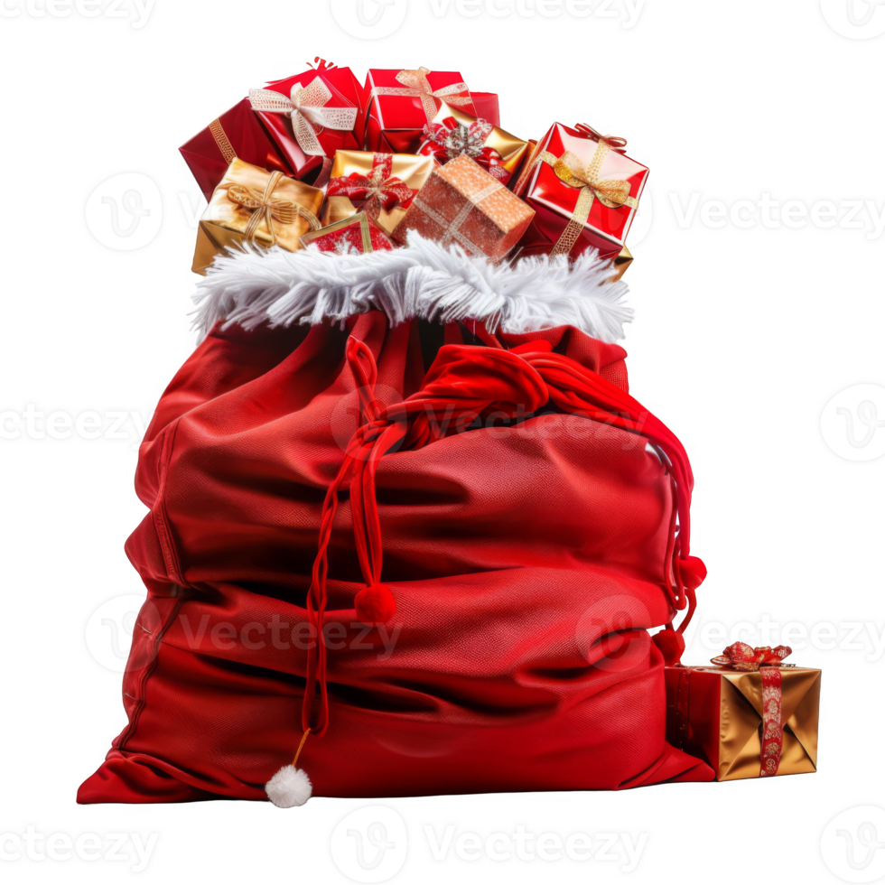 A Red Santa Claus Bag Overflowing With Christmas Presents png