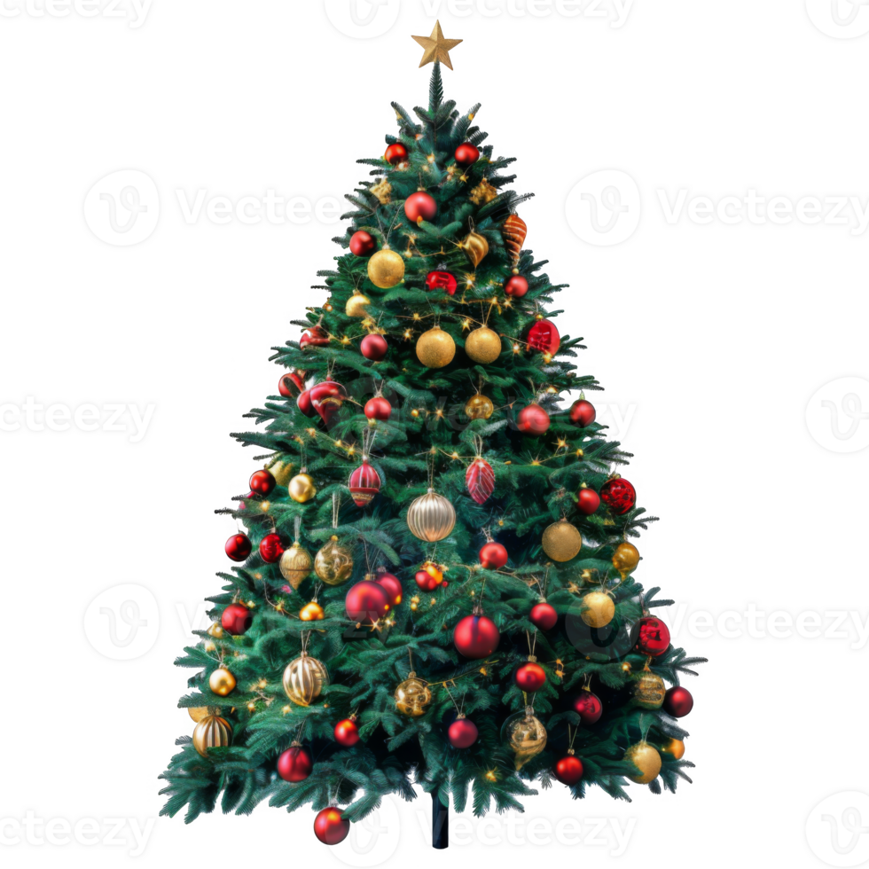Decorated Christmas Tree with Red and Gold Ornaments and Lights png