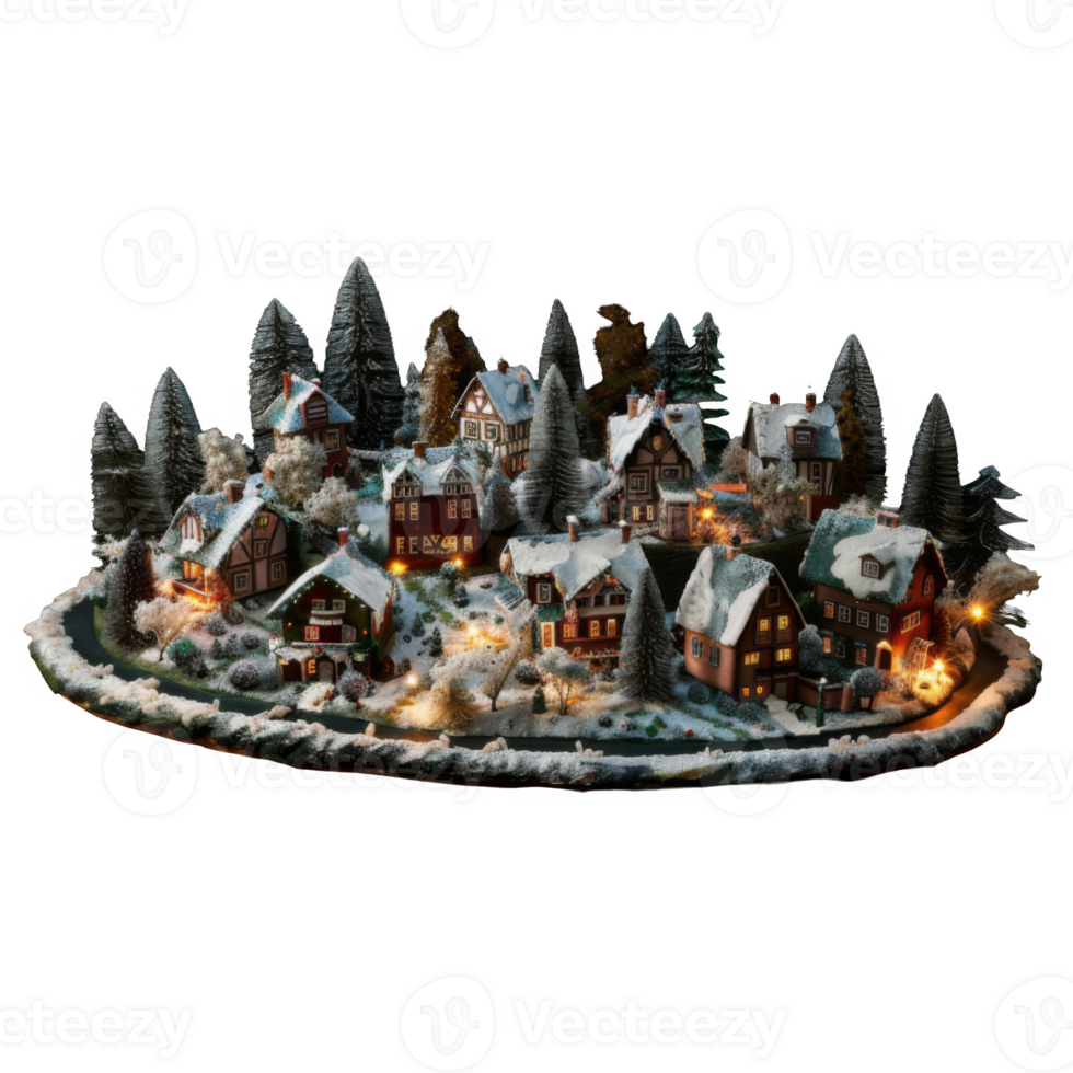 Illuminated Miniature Winter Village with Snowy Rooftops png